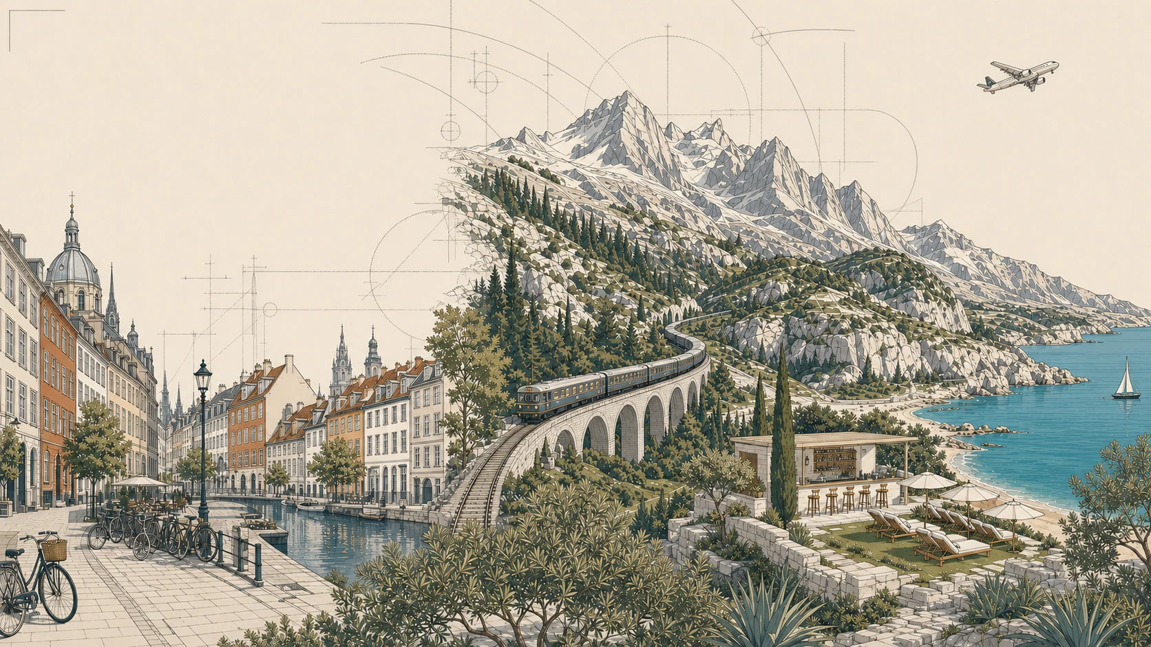 A flat architectural travel illustration flowing from Copenhagen through an Alpine railway viaduct to the Mediterranean, with a small aircraft above.