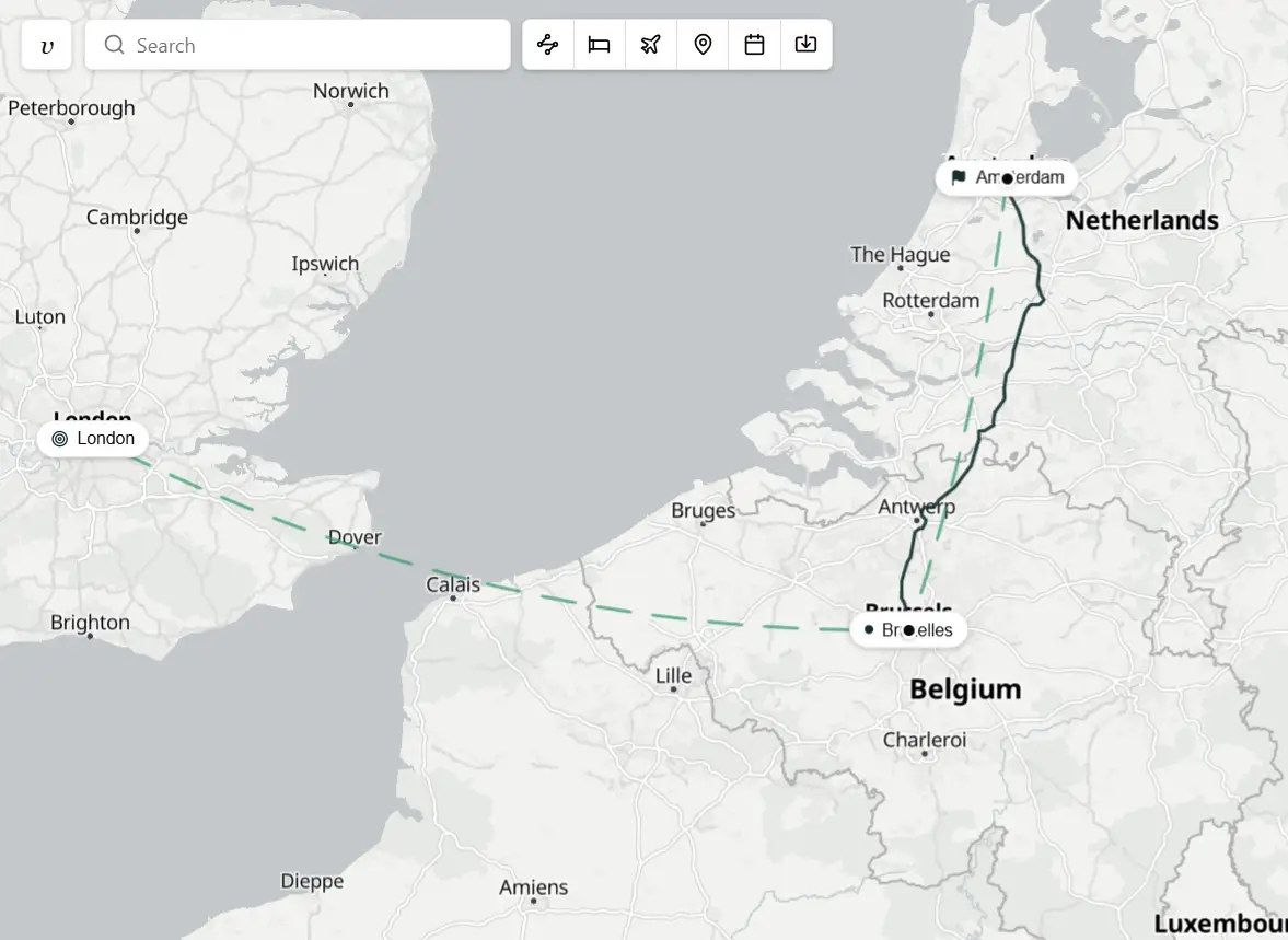 A Viamente plan canvas showing a multi-city European trip from London to Brussels to Amsterdam, with a dashed Channel-crossing arc and an overland route across a map.
